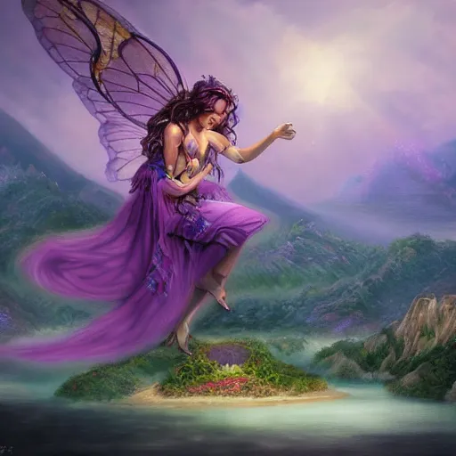 Prompt: a beautiful painting of a giant purple fairy saving an island from demons, mountains in background. digital art, artstation, hyperdetailed, realistic