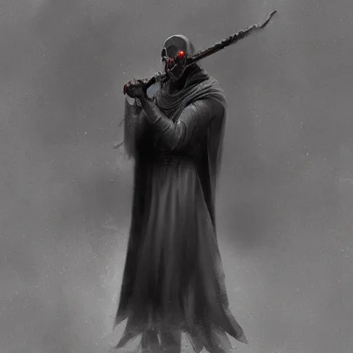 Prompt: a man with a skull head in a grey cloak holding his black spear up to the sky, concept art, Digital art