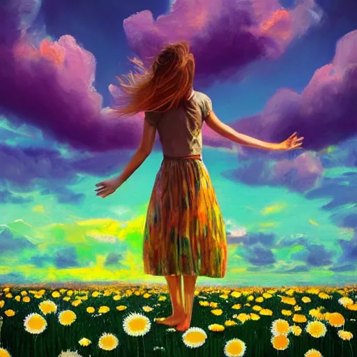 Image similar to head made of giant daisies, girl standing barefoot in a flower field, arms out stretched, surreal photography, sunrise dramatic light, impressionist painting, colorful clouds, large sky, digital painting, artstation, simon stalenhag, flower face