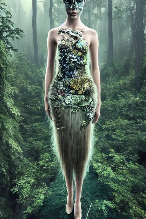 Prompt: a beautiful hyperrealistic ultradetailed 3D, one girl in a magnificent McQueen couture dress on the background of a futuristic forest, Designer clothes, futuristic clothes, clothes from the future, biopunk, voge photo, fashion style, fullbody, in full growth, photorealistic, high resolution, trending on artstation, highly detailed, volumetric lighting, elegant, details, good clear quality, volumetric lighting,