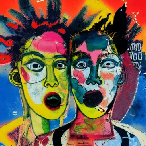 Prompt: watercolor painting of two bizarre psychedelic punk women kissing each other closeup in a space station in japan, speculative evolution, mixed media collage by basquiat and jackson pollock, maximalist magazine collage art, sapphic art, lesbian art, chemically damaged