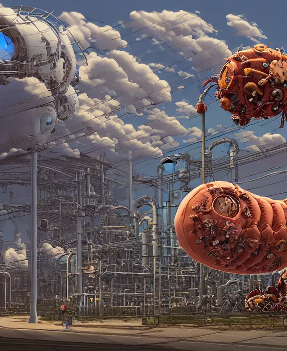 Image similar to inflated industrial plant made from obese isopod mollusk octopus, in the style of puffy spaceship, skeletons, bones, partly cloudy, spooky, dramatic lighting, by geof darrow, bill sienkiewicz, dan mumford, yusuke murata, makoto shinkai, ross tran, cinematic, unreal engine, cel shaded, featured on artstation, pixiv