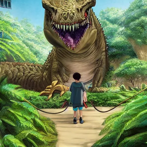 Prompt: a realistic cell - shaded studio ghibli concept art, dinosaur, jurassic park in real life