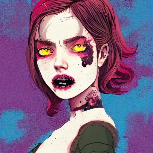 Image similar to Highly detailed portrait of pretty punk zombie young lady with, freckles and beautiful hair by Atey Ghailan, by Loish, by Bryan Lee O'Malley, by Cliff Chiang, inspired by image comics, inspired by graphic novel cover art, inspired by papergirls !! Gradient color scheme ((grafitti tag brick wall background)), trending on artstation