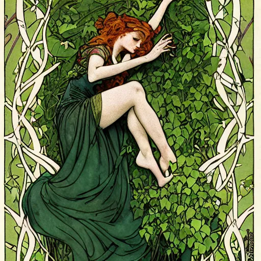 Image similar to a beautiful tarot card of poison ivy playing a piano with vines and singing in a jazz club, female, in the style of magic the gathering, intricate, elegant, highly detailed, digital painting, artstation, concept art, matte, sharp focus, illustration, art byby rebecca guay and by arthur rackham and by alphonse mucha and by john william waterhouse