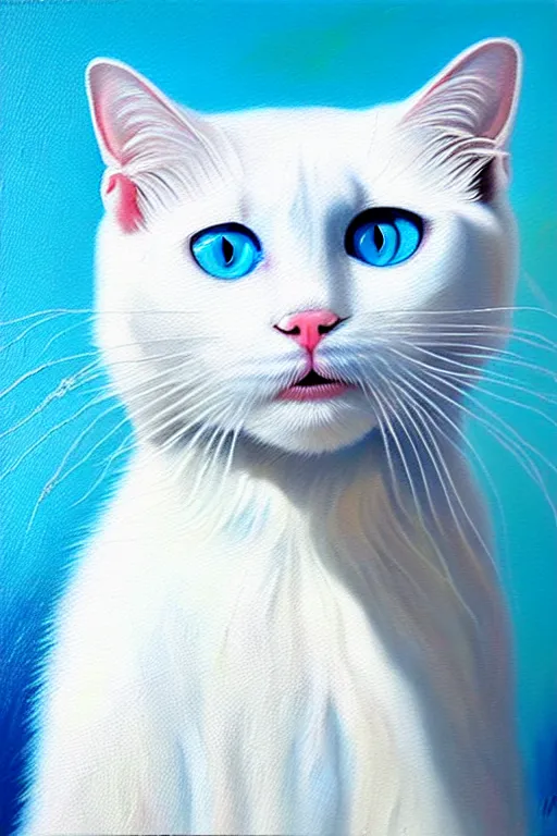 Prompt: an epic professional oil painting of a white cat with blue eyes, epic, stunning, gorgeous, intricate detail, much wow, 4K, masterpiece,