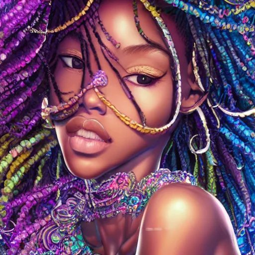 Prompt: the portrait of the absurdly beautiful, graceful, elegant, gorgeous, sensual black young anime goddess made of crystals, an ultrafine hyperdetailed illustration by kim jung gi, irakli nadar, intricate linework, bright colors, octopath traveler, final fantasy, unreal engine 5 highly rendered, global illumination, radiant light, intricate environment