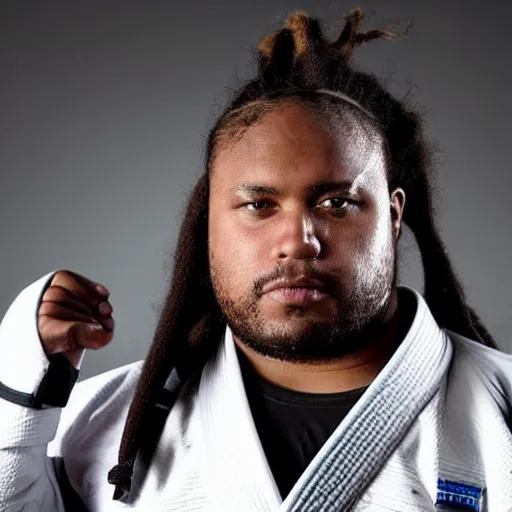 Image similar to photo of chubby black bjj athlete with long dreads posing, serious face, white belt