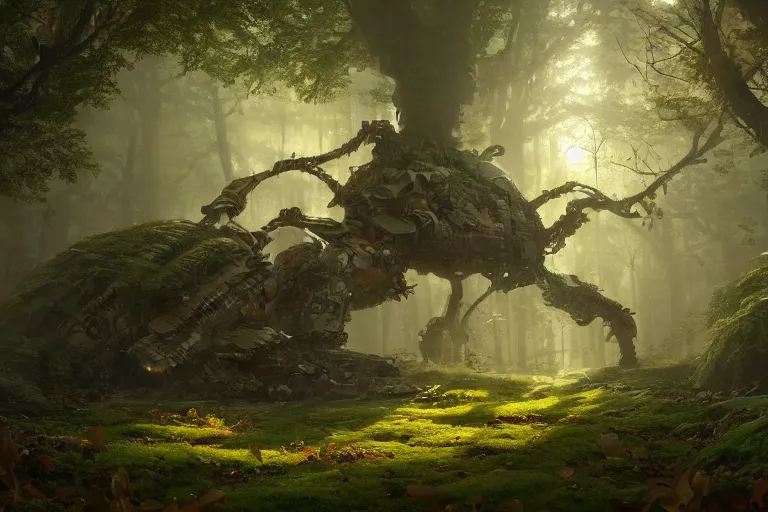 Image similar to giant sleeping robot, covered by leaves and plants, in a magical forest with volumetric lighting, matte painting, greg rutkowski, artstation, 4k