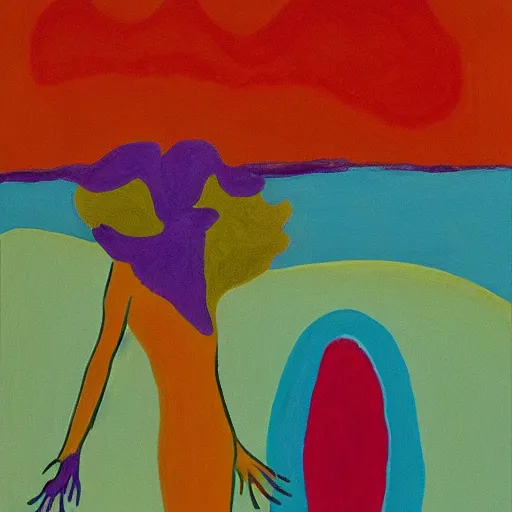 Image similar to doom by etel adnan. the experimental art of the moment when the goddess venus is born from the sea. she is shown standing on a giant clam shell, with her long, flowing hair blowing in the wind. the experimental art is full of light & color, & venus looks like she is about to step into a beautiful, bright future.