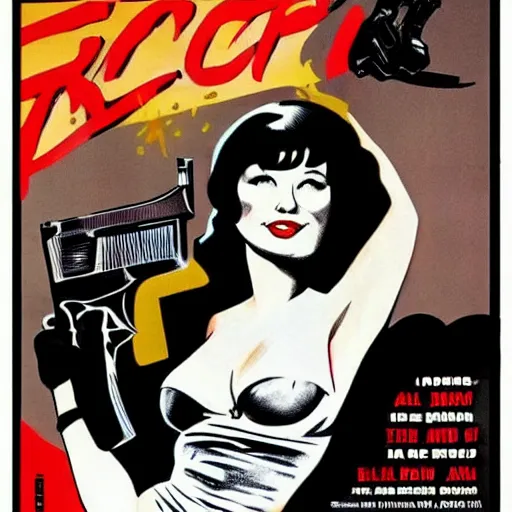 Image similar to betty page fully clothed in a suit holding a handgun, movie poster by kyle lambert