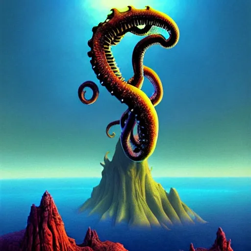 Image similar to highly detailed fantasy art of an alien cephalopod creature in a surreal landscape filled with mountains and mist, diffuse lighting by roger dean, kilian eng, mœbius