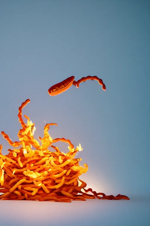 Image similar to a 3d rendered snake spitting fire made of french fries in a mc donalds commercial, 4k sharp, 3d render , cinema4d by Beeple and pixar