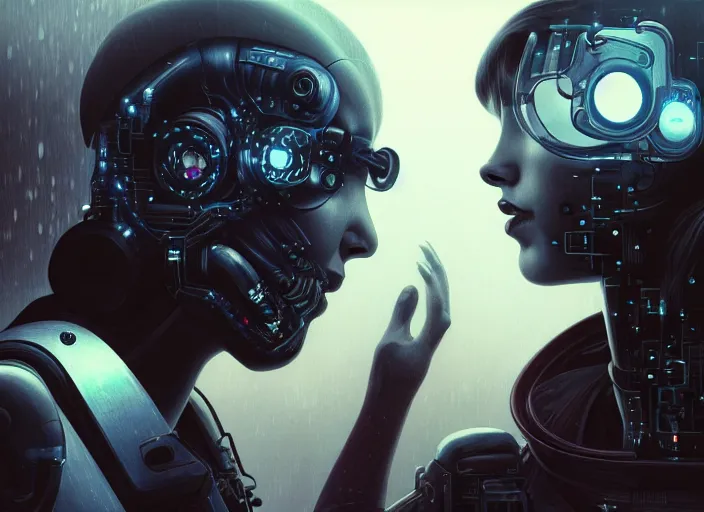 Prompt: ultra realistic medium shot of a couple of cyborgs kissing, lovers, cyberpunk, sci - fi, kodak, faces, colour led, soft light, volumetric lighting, fog, rays, night, rain, station, intricate detailed, digital painting, concept art, smooth, sharp focus, illustration, art by artgerm and greg rutkowski and alphonse mucha