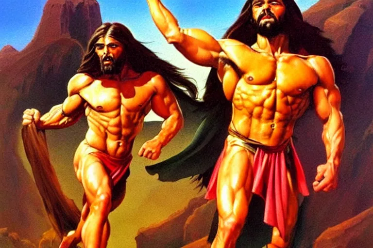 Image similar to jesus christ, a muscular long haired man in a toga. 1 9 8 0 s oil painting in the style of frank frazetta, boris vallejo. warm colors. detailed and hyperrealistic. concept art