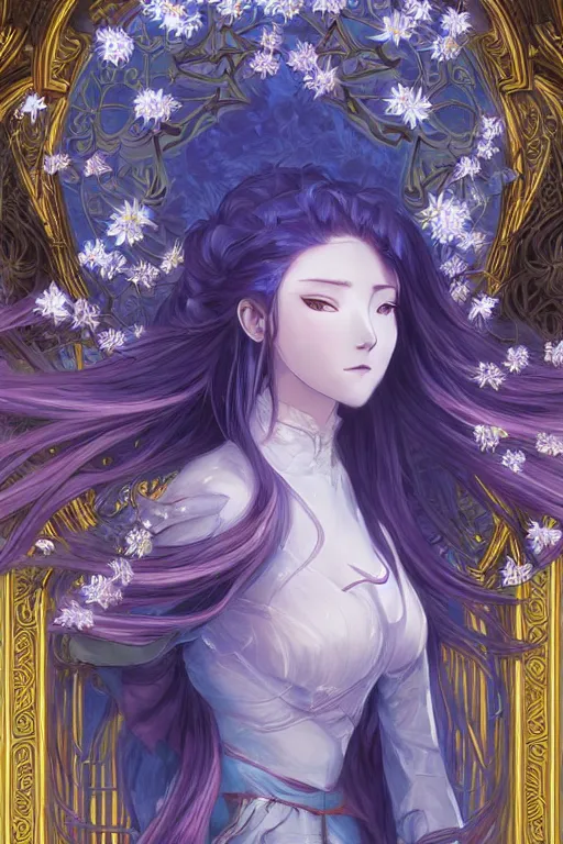 Image similar to breathtaking detailed anime painting of a knight queen with long flowing blue hair, pastel flower petals flying, art by pilyeon, yuumei art, symmetrical facial features, at dawn in front of a pristine golden art nouveau cathedral, elegant, volumetric lighting, highly detailed, artstation, concept art, matte, sharp focus,