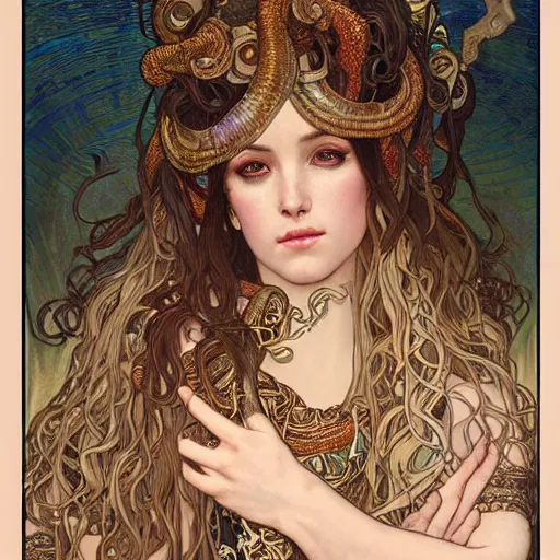 Prompt: realistic detailed face portrait of Cleopatra with coiled serpents in her hair by Alphonse Mucha, Ayami Kojima, Amano, Charlie Bowater, Karol Bak, Greg Hildebrandt, Jean Delville, and Mark Brooks, Art Nouveau, Neo-Gothic, gothic, rich deep moody colors