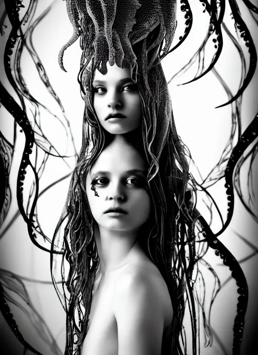 Prompt: surreal mythical dreamy dark artistic black and white fine art photo of a beautiful young female medusa - mermaid - cyborg covered with translucent algae, highly detailed, intricate crystal ivy jelly fish scales ornate, lace web, poetic, octane render, 8 k, photo - realistic, by horst p. horst