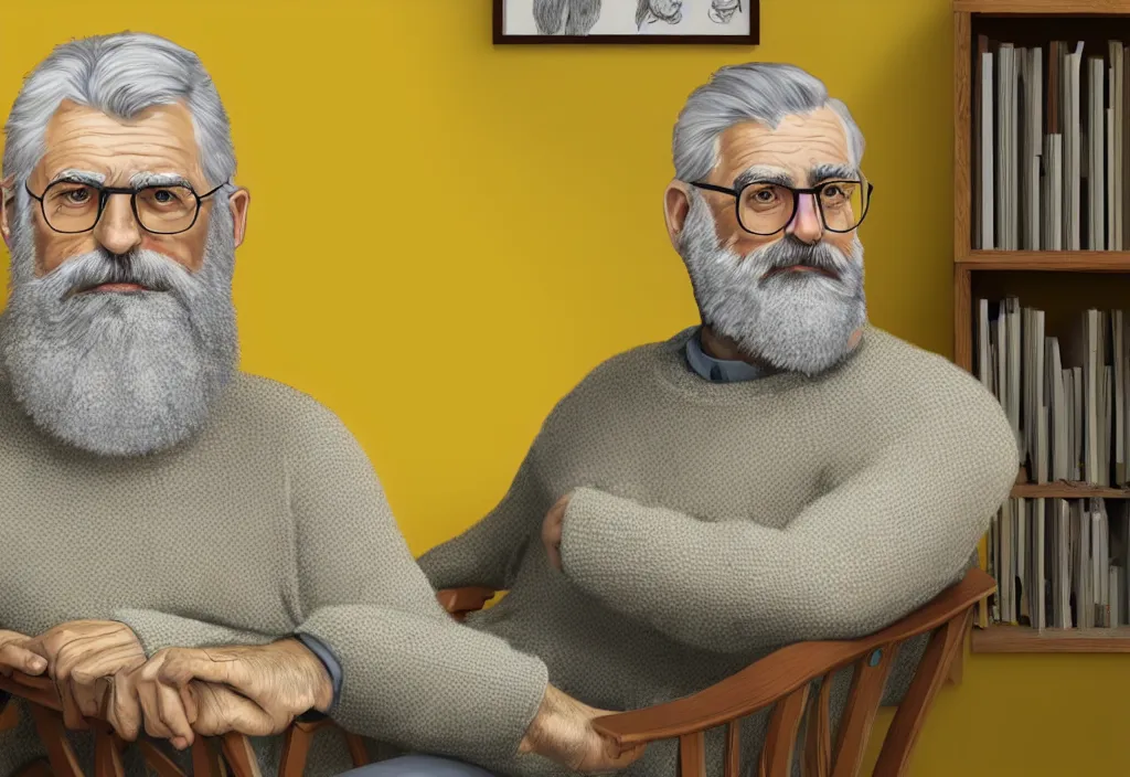 Prompt: Gray bearded professor sits in his study wearing a yellow sweater, hyperrealistic, portrait, concept art, illustration, 8k, artstation, digital painting