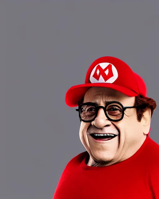 Image similar to Danny DeVito dressed as Super Mario, cinematic, Super Mario costume, studio light, 8K