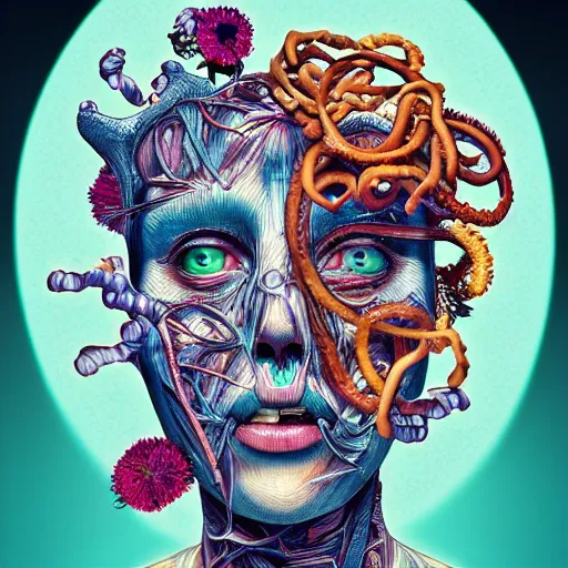 Image similar to the anatomical face of a ridiculously beautiful and pretty woman partially made of onion rings of all colors looking up, an ultrafine detailed illustration by james jean, final fantasy, intricate linework, bright colors, behance contest winner, vanitas, angular, altermodern, unreal engine 5 highly rendered, global illumination, radiant light, detailed and intricate environment