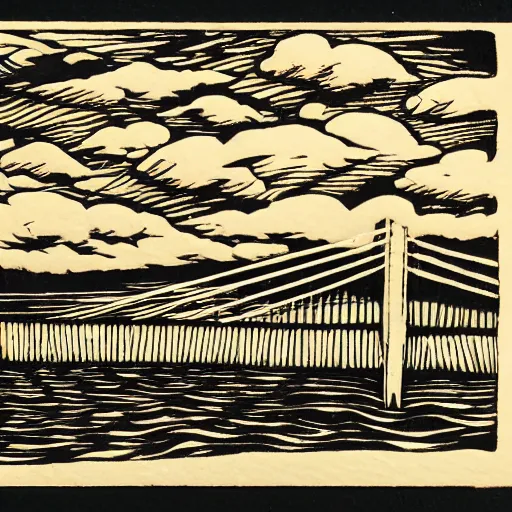 Image similar to small steel suspension bridge built in 1 9 2 8, side view, puffy clouds in background, uap floating in the sky, woodcut style, rubber stamp, 8 k