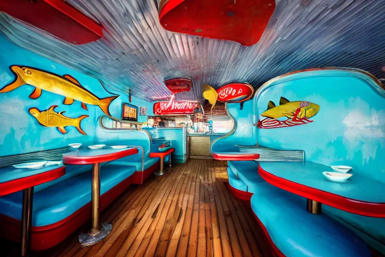 Prompt: 2 0 1 5 fish themed underwater american diner, googie architecture, two point perspective, americana, fishcore, restaurant interior photography, 8 5 mm, photo by jeff brouws