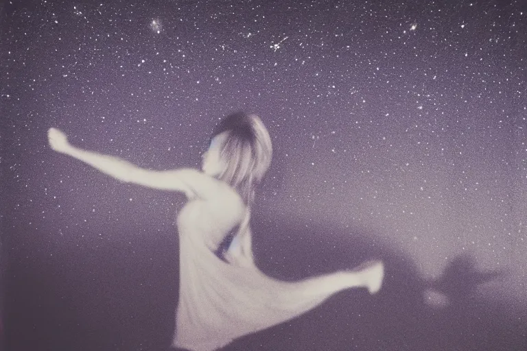 Prompt: blured shadow of dancing young woman on night vision, focused background night sky with stars, polaroid photo