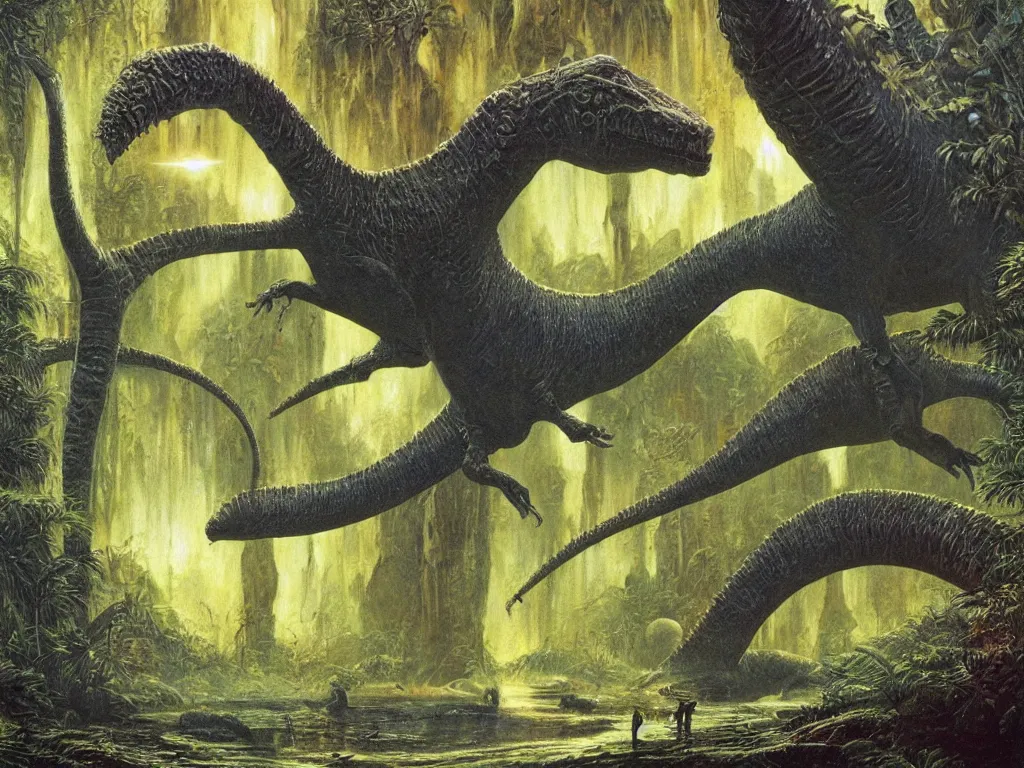 Prompt: no mans sky, acid, by bob eggleton, diplodocus