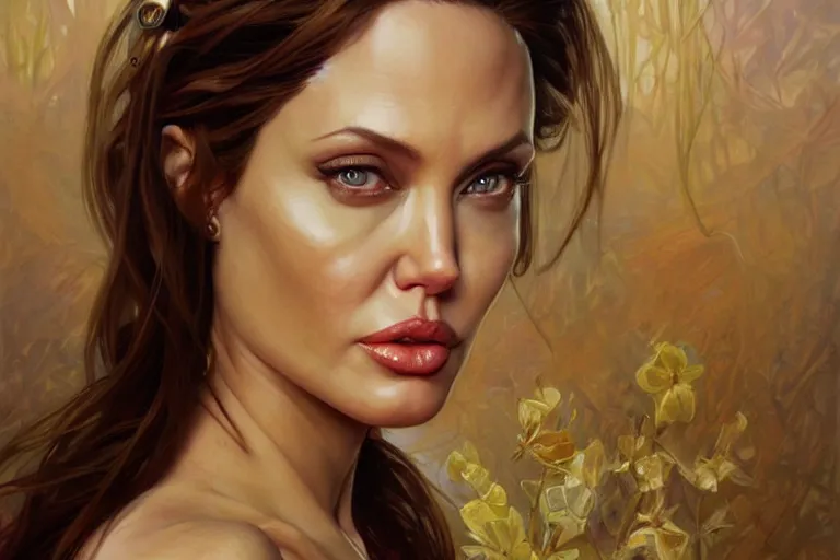 Image similar to a beautiful realistic painting of angelina jolie as xena, intricate, elegant, highly detailed, digital painting, artstation, concept art, by krenz cushart and artgem demura and alphonse mucha