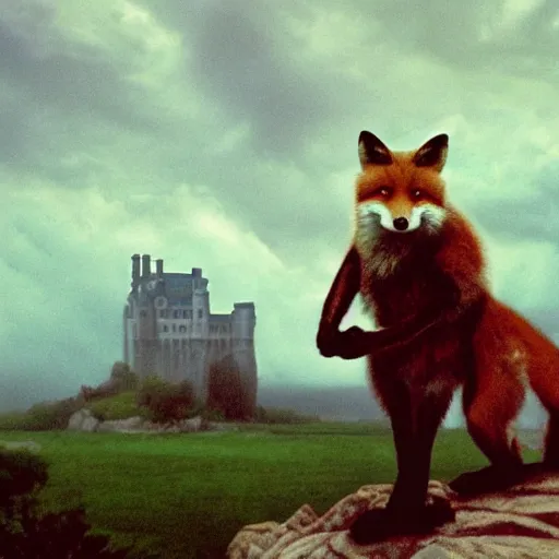 Image similar to anthropomorphic fox!! who is a medieval knight holding a swo - rd towards a stormy thundercloud [ 1 9 3 0 s film still ], ( castle in the background )