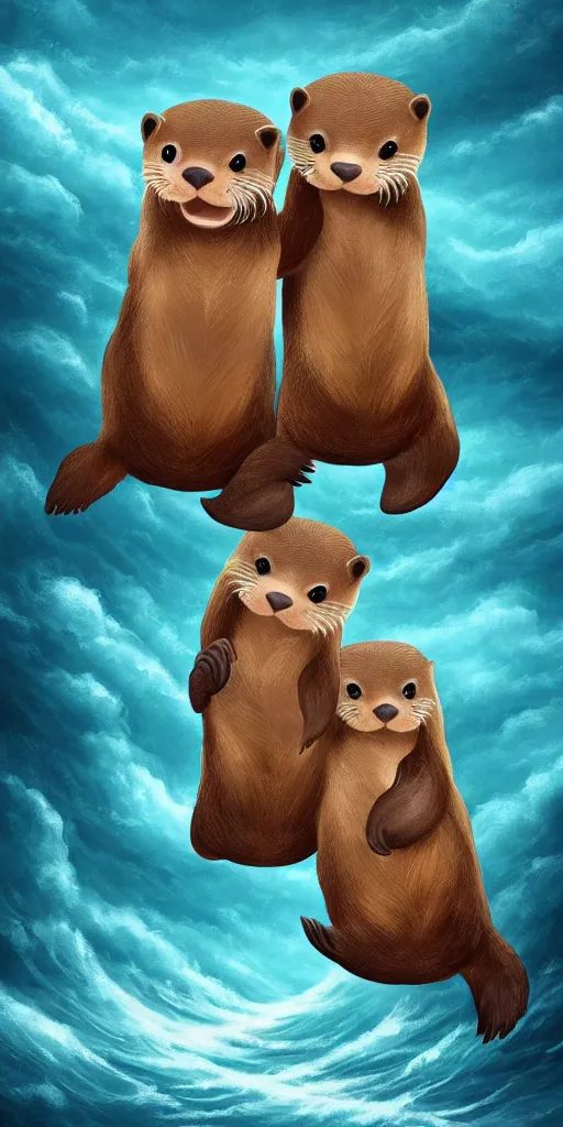 Image similar to two adorable otters falling in love holding hands side by side, all alone in the middle of a scary storm at sea, fantasy illustration, cinematic, award winning, romantic, detailed trending on artstation, masterpiece