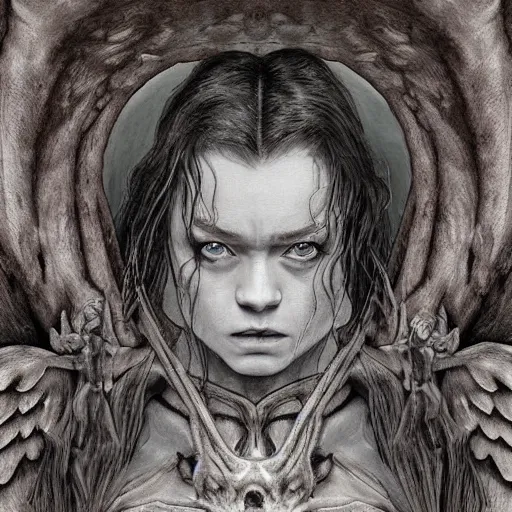 Prompt: sadie sink as an muscular devil standing in the front of gates of hell. angel is draped with bones. digital painting. art station. mood lighting. skindness, highly detailed, by junji ito, concept art, intricate, sharp focus, einar jonsson and bouguereau - h 1 2 0 0