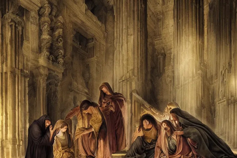 Prompt: inside the sepulchre, dark scene, light coming in from the left, steps leading down, 3 marys crouching in colored robes at the tomb | medium close | fibonacci composition, by artgerm, sophie anderson, rubens