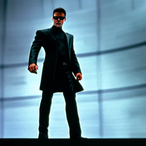 Image similar to cinematic still of Tony Stark in The Matrix (1999), XF IQ4, f/1.4, ISO 200, 1/160s, 8K, RAW, dramatic lighting, symmetrical balance, in-frame