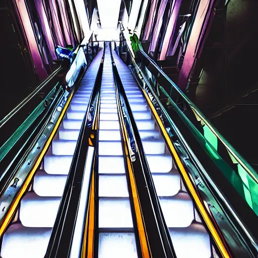 Image similar to cyberpunk escalator, panels, neon, cables