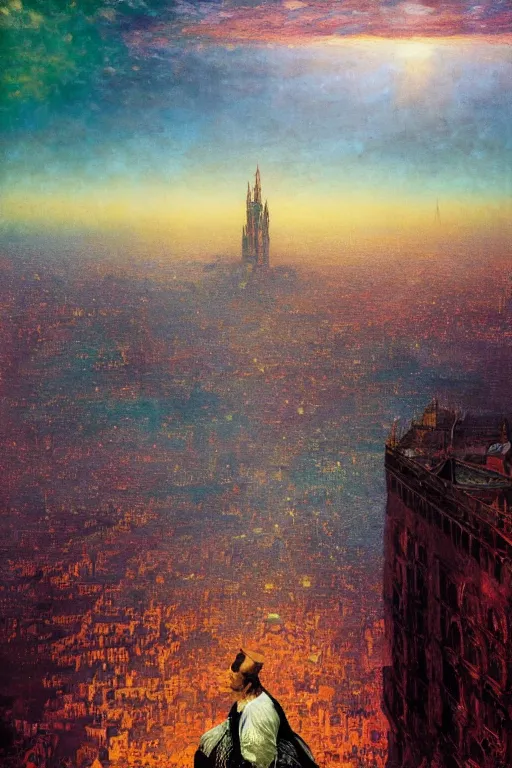 Prompt: the crowned king in disguise, looking down on the crowded streets of the city of blood and prisms from above the mountain, night skies, dramatic light, hyperrealistic, colorful skies, digital art, studio portrait absurdly beautiful, elegant, graceful, john atkinson grimshaw, leonid afremov, wayne barlowe