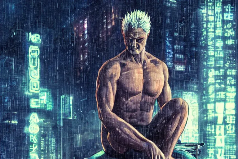 Image similar to roy batty with a bare torso sits in the lotus position with his head bowed in the rain on the roof of a building in the cyberpunk future, around neon signs, a little haze, night, realistic proportions, anime style ghost in armor