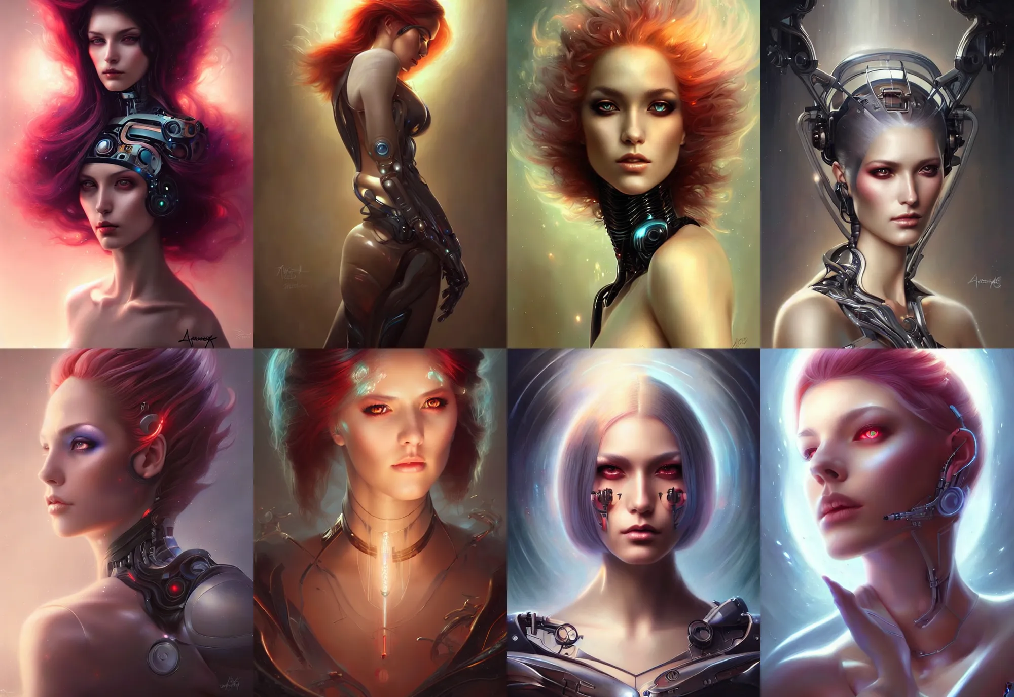 Image similar to a beautiful woman with cybernetic hair, painted by artgerm and tom bagshaw, fantasy art, dramatic lighting, highly detailed oil painting