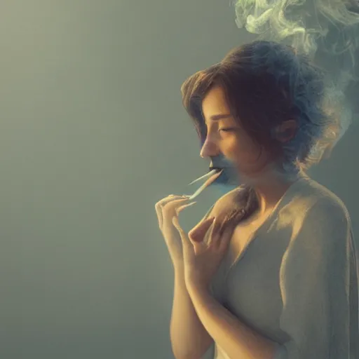 Image similar to a beautiful photo of a smoking person. smoke. impressionism. matte painting. octane render