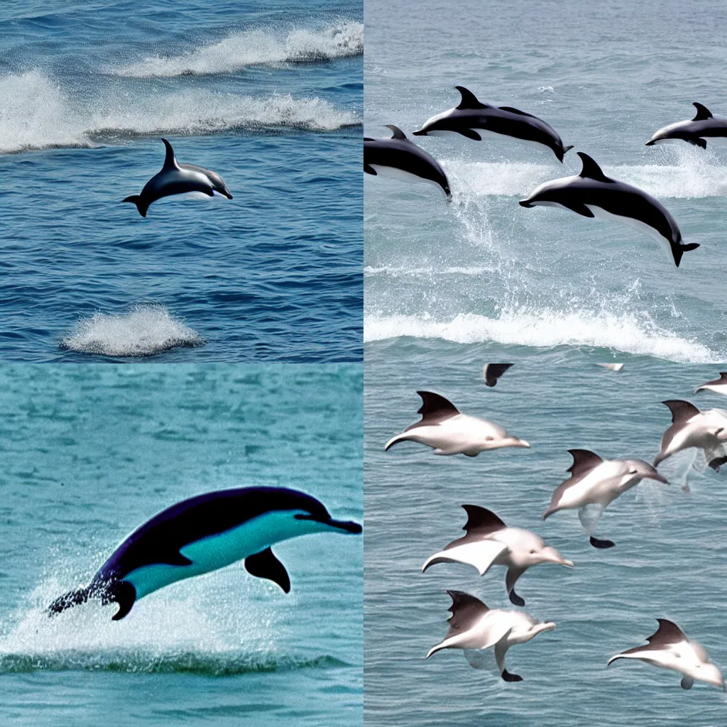 Prompt: flock of seagulls in the shape of a dolphin