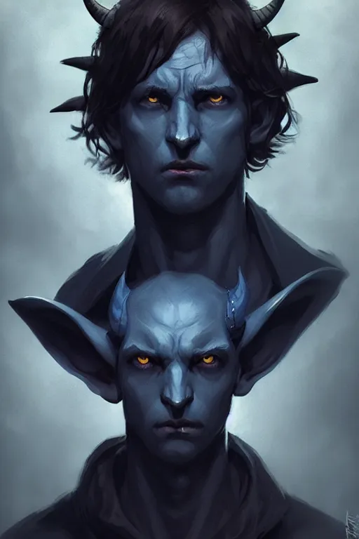 Image similar to portrait of a sad dark blue tiefling boy with horns and shaggy dark hair and pitch black hollow eyes, soft soft rounded face face face by Greg Rutkowski, concept art, sharp focus, illustration, intricate, highly detailed