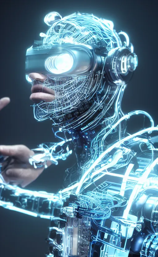 Image similar to a beautiful photo of a middle - aged bionic male cyborg, cyberpunk, intricate wiring, electronic components, color diodes, vr helmet, volumetric light, photography, dynamic lighting, color, intricate, extremely detailed, photorealistic, stunning, unreal engine 5