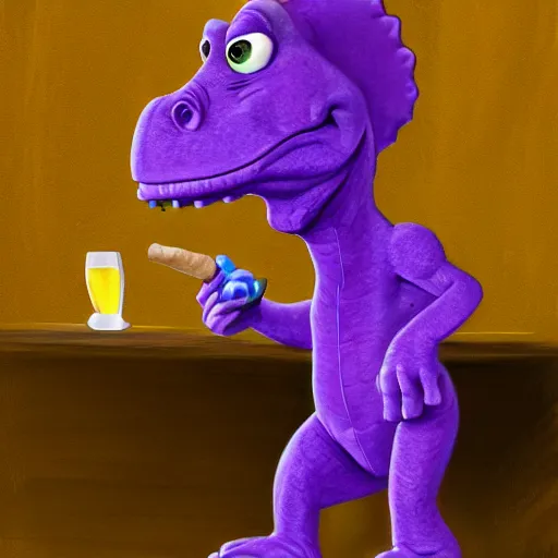 Image similar to barney the purple dinosaur from kids show drinking whisky and smoking a cigar, portrait art, digital art, trending on artstation