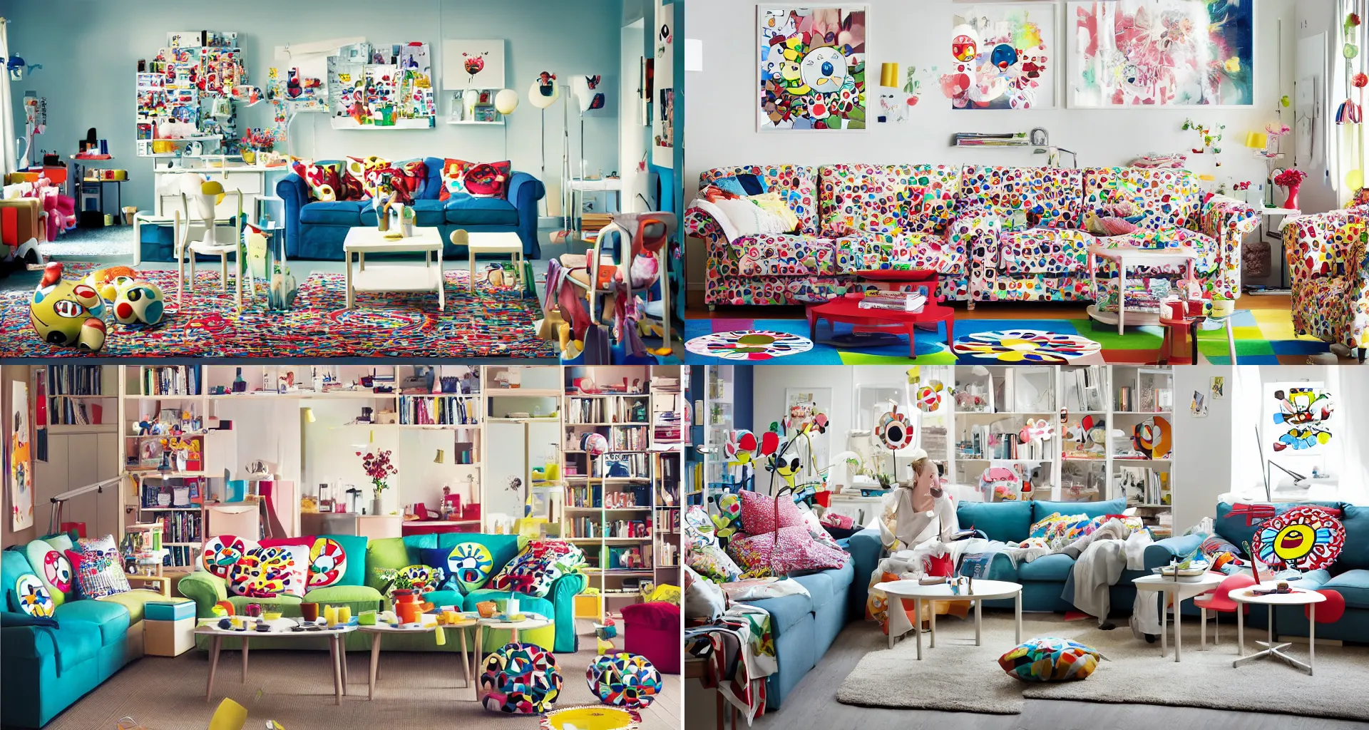Prompt: IKEA catalogue photo of a living room, by Takashi Murakami