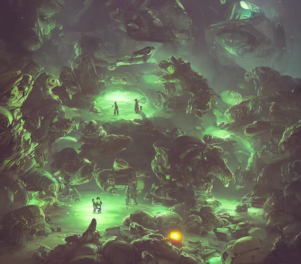 Prompt: Astronauts are having a party with a green aliens and some dinosaurs on Pluto, by Jordan Grimmer, digital art, trending on Artstation,