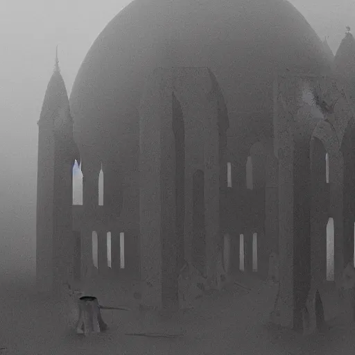 Image similar to a big mosque in a Village, horror, fog, foster, highly detailed, one house, fear, dark inside, black garb figures,eerie sun eclipse,hyper realistic, atmospheric lighting, beksinski