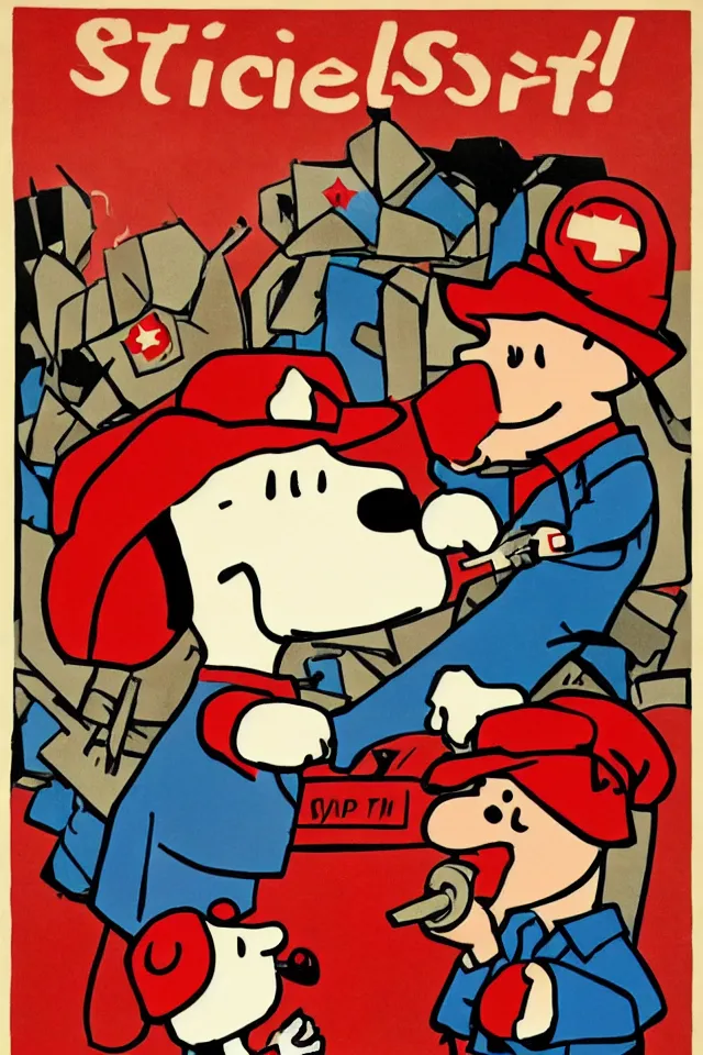 Image similar to an epic socialist realism poster of a singular communist snoopy in a red beret smoking a blunt for the proletariat