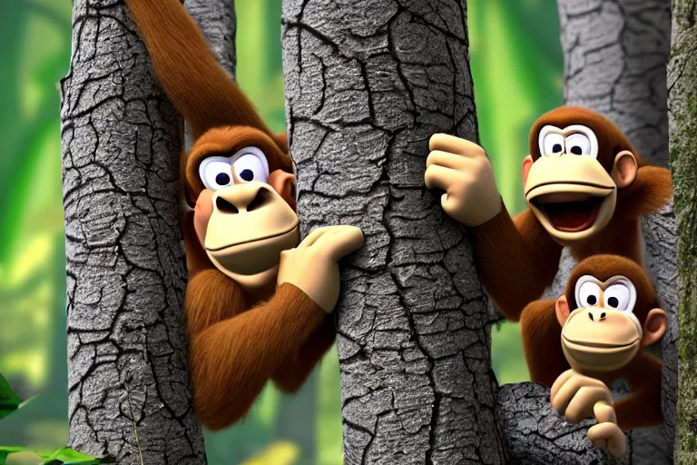 Image similar to close up of donkey kong in a forest knocking down trees, a white birch tree that has fallen over, donkey kong from nintendo 6 4