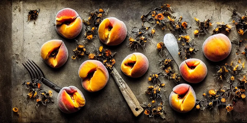 Prompt: side view, decaying rotting peaches, moldy, on an antique distressed table top, dried flowers, metal kitchen utensils, old kitchen backdrop, dark kitchen, style by peter lippmann, intricate detail,